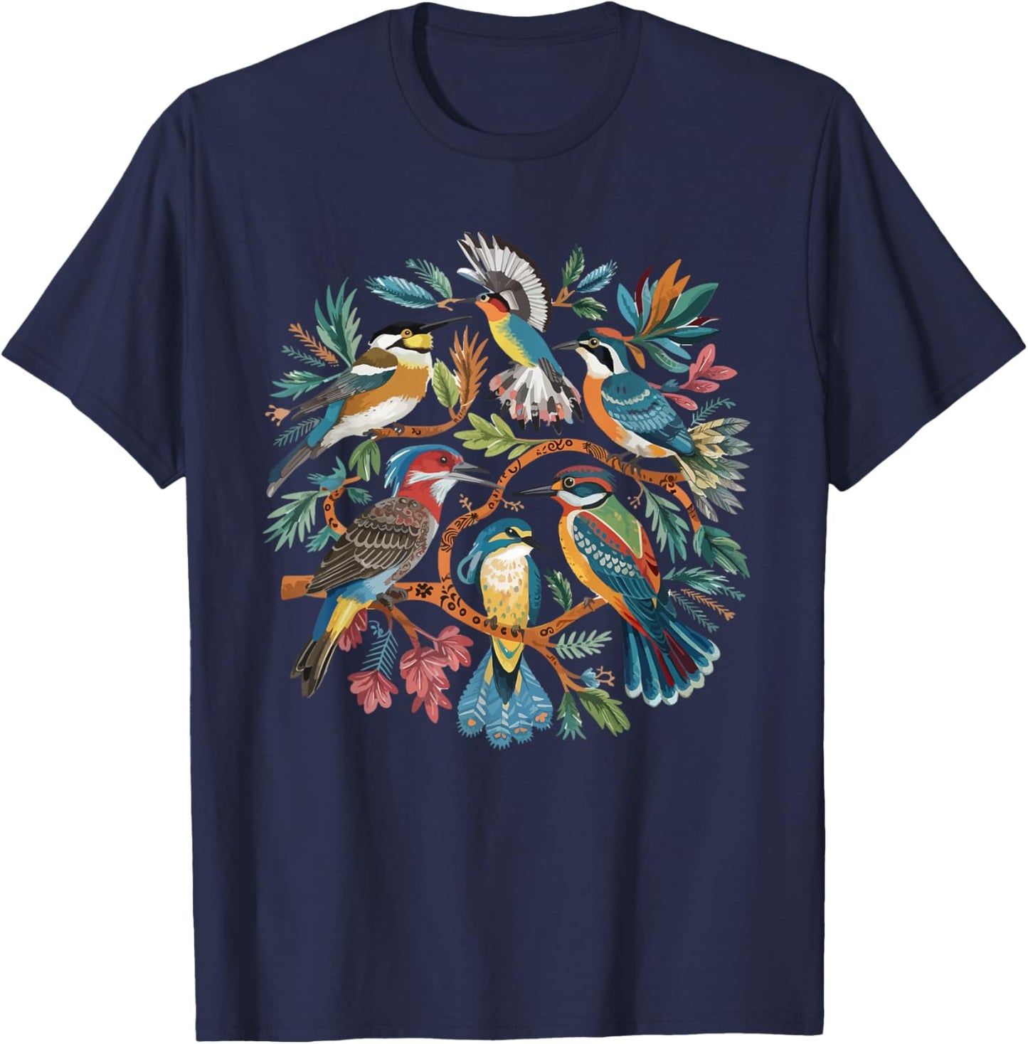 Enchanted Forest Bird Gathering Artistic Bird Watching T-Shirt - T-Shirt | Navy