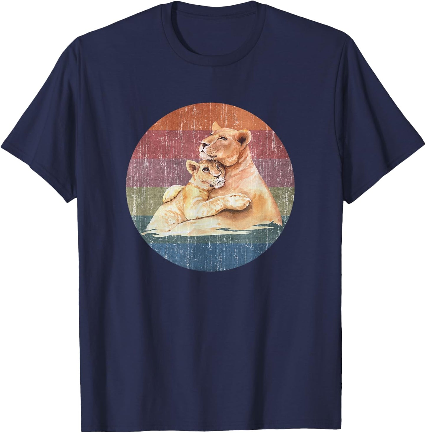 Lioness Lion Mom Baby Cub Watercolor On Distressed Sunset T-Shirt - T-Shirt | Navy