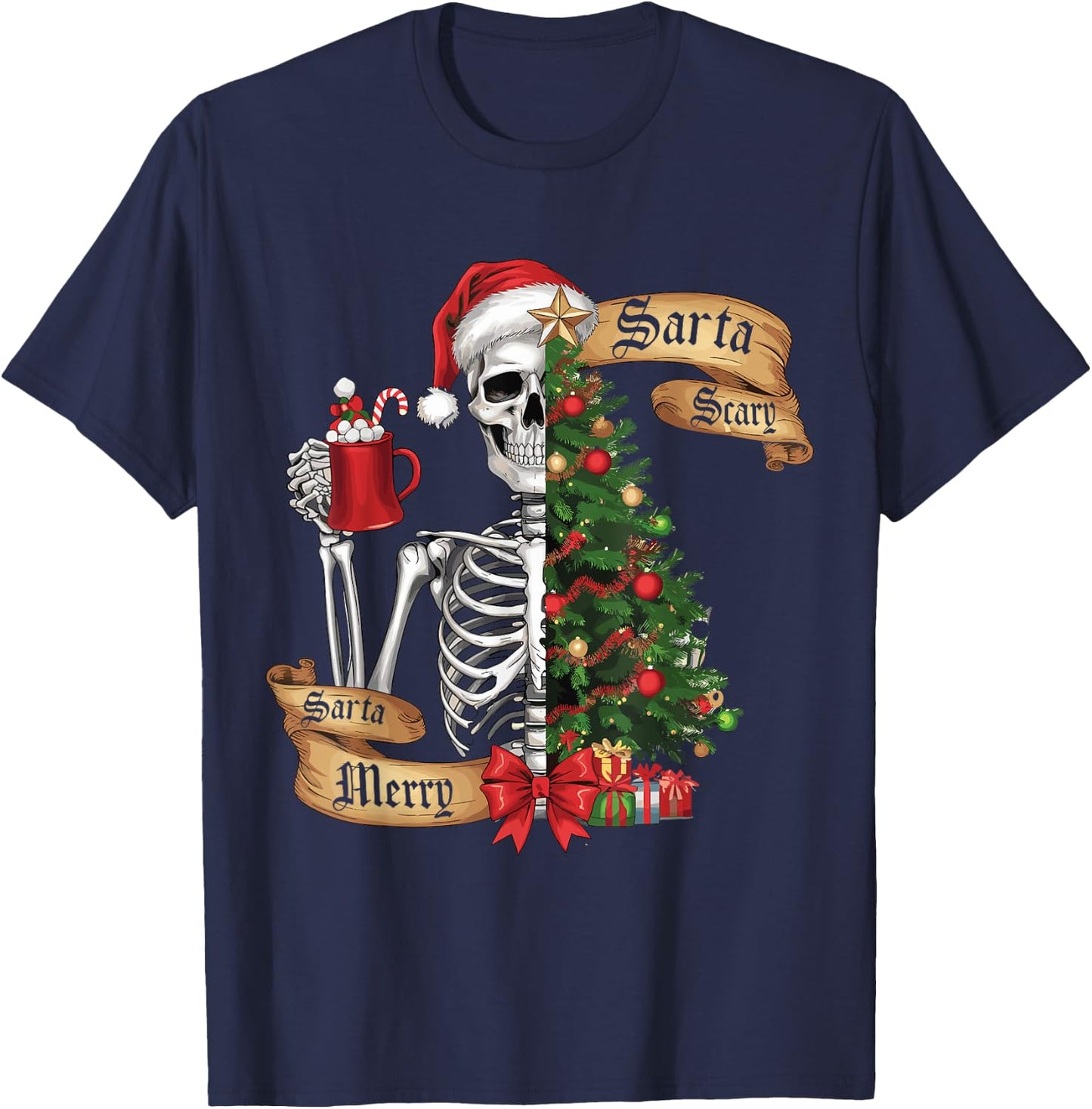 Sorta Merry Sorta Scary Funny Christmas Skeleton Tree Xmas T-Shirt - T-Shirt | Navy