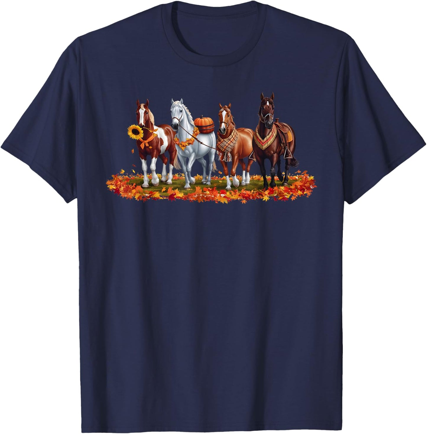 Fall Horse Animal Thanksgiving Sunflowers Pumpkin Leaves T-Shirt - T-Shirt | Navy