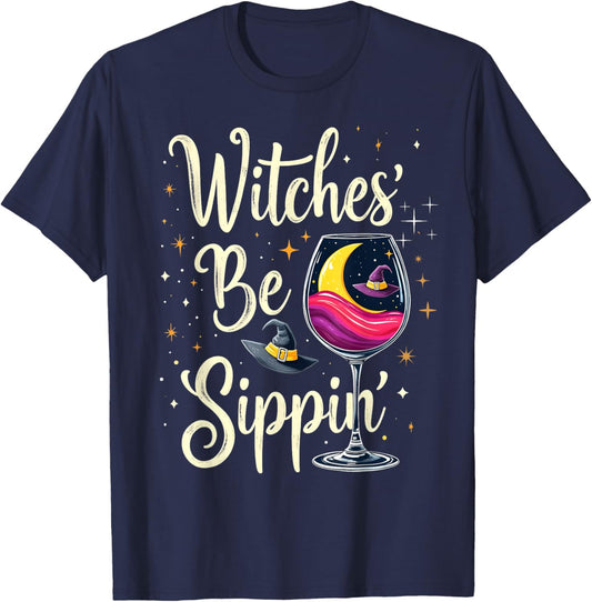 Witches' Be Sippin' Wine Moon Hat Stars T-Shirt - T-Shirt | Navy