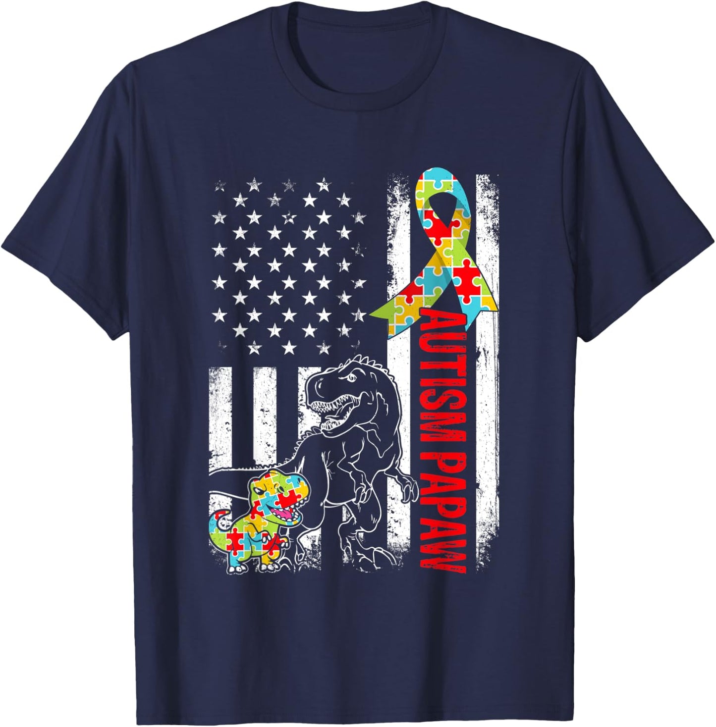 American Flag Autism Papaw Dinosaur Awareness Autistic Women Kids Men T-Shirt - T-Shirt | Navy