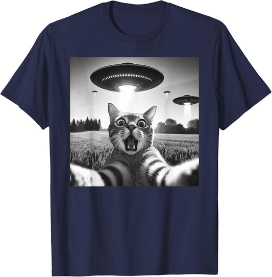 Cat Selfie With UFO Hilarious Alien Encounter T-Shirt - T-Shirt | Navy