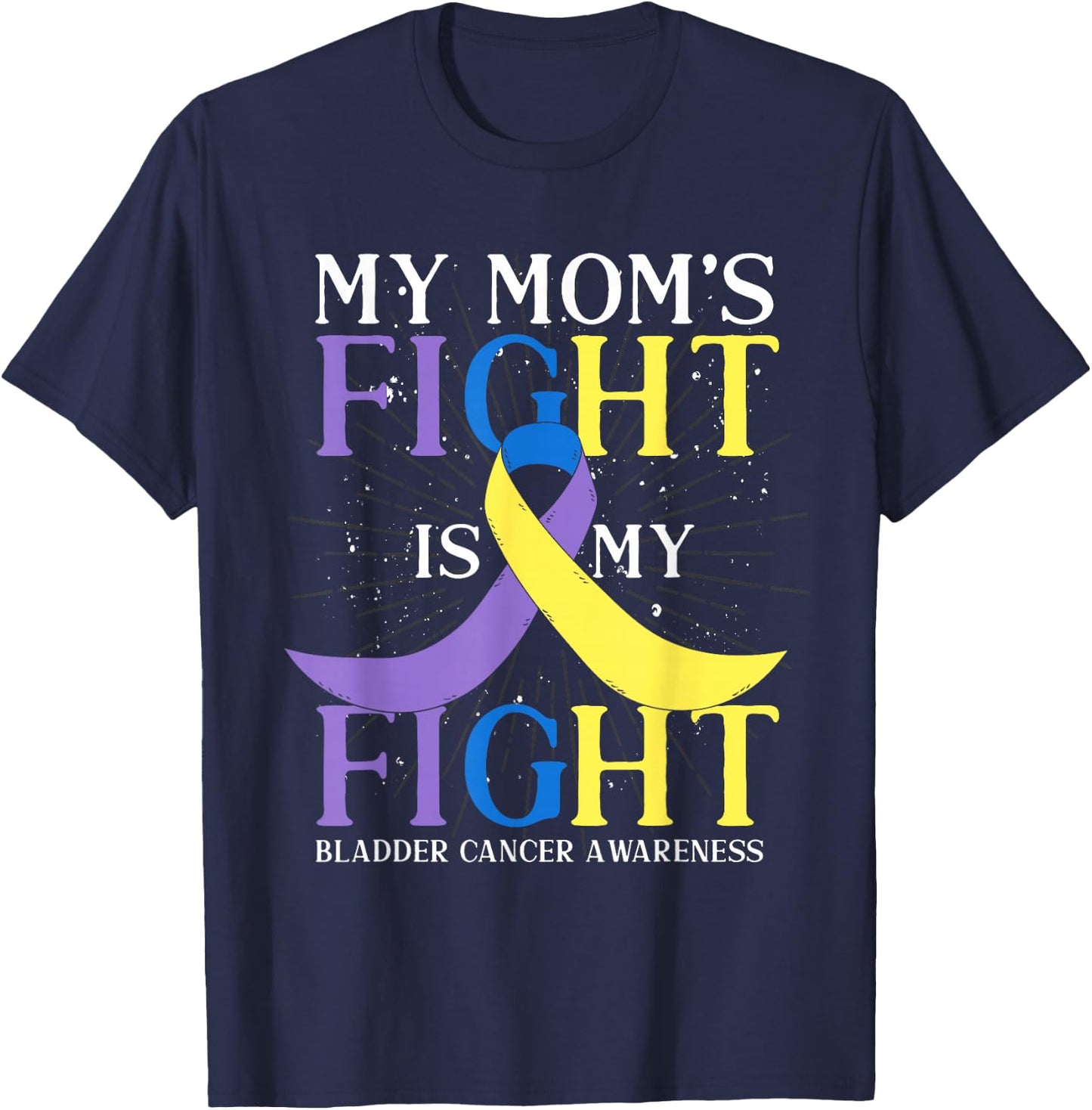 Purple Blue Yellow Ribbon Mom Bladder Cancer Awareness T-Shirt - T-Shirt | Navy