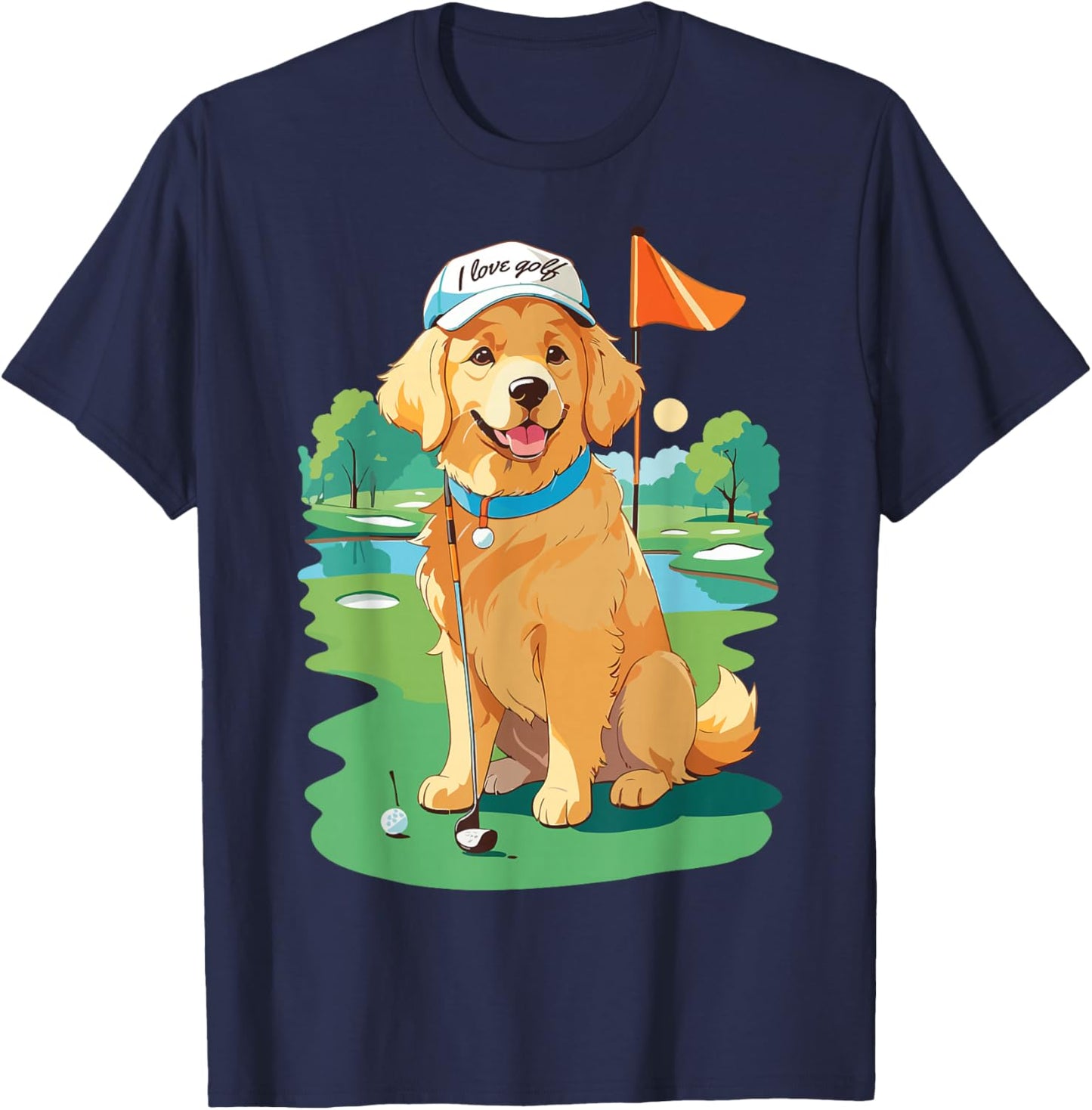 I Love Golf Golf Dog Illustration Golden Retriever T-Shirt - T-Shirt | Navy