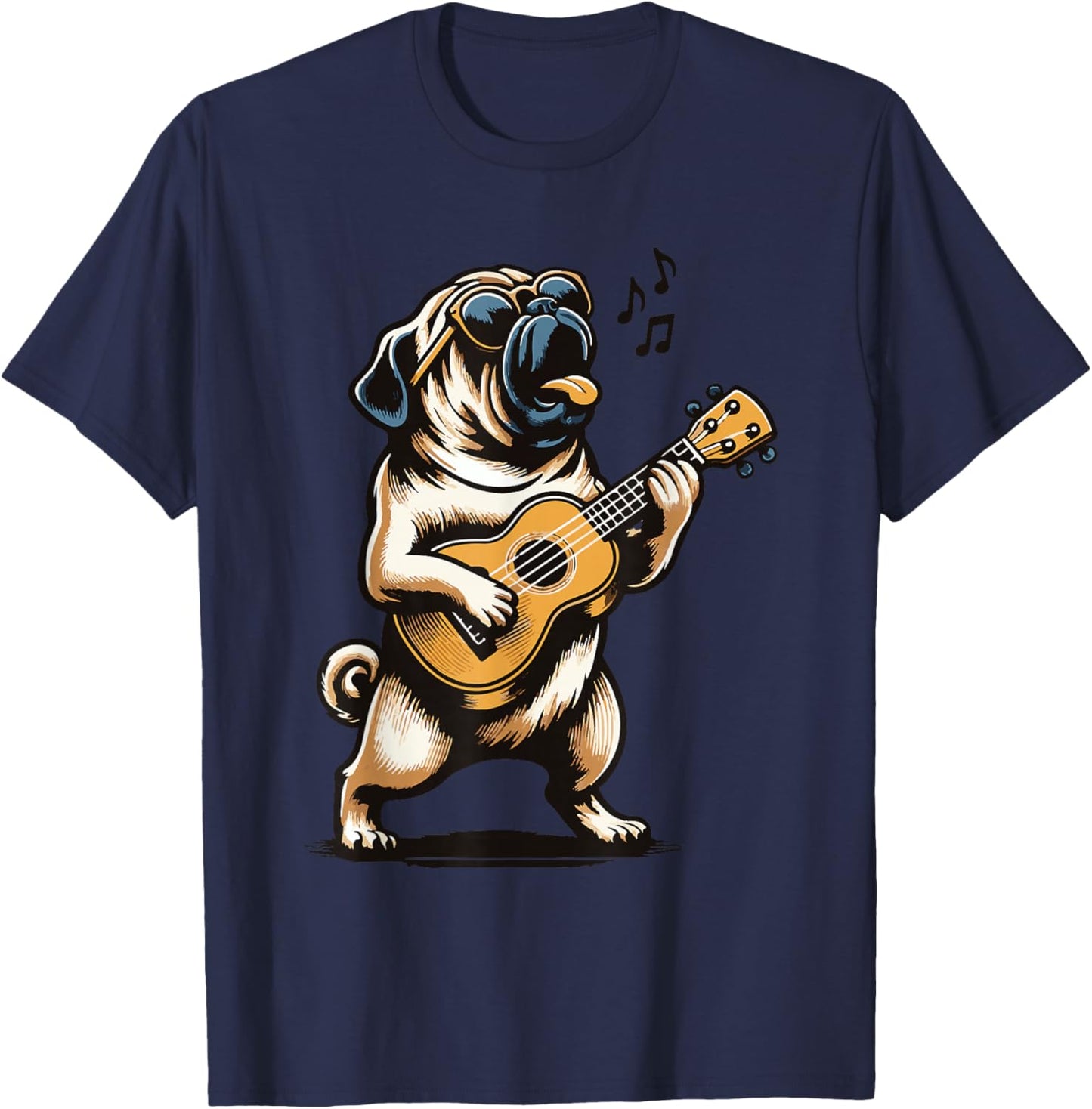 Dog Playing Guitar Singing Pug Funny Pugfather T-Shirt - T-Shirt | Navy