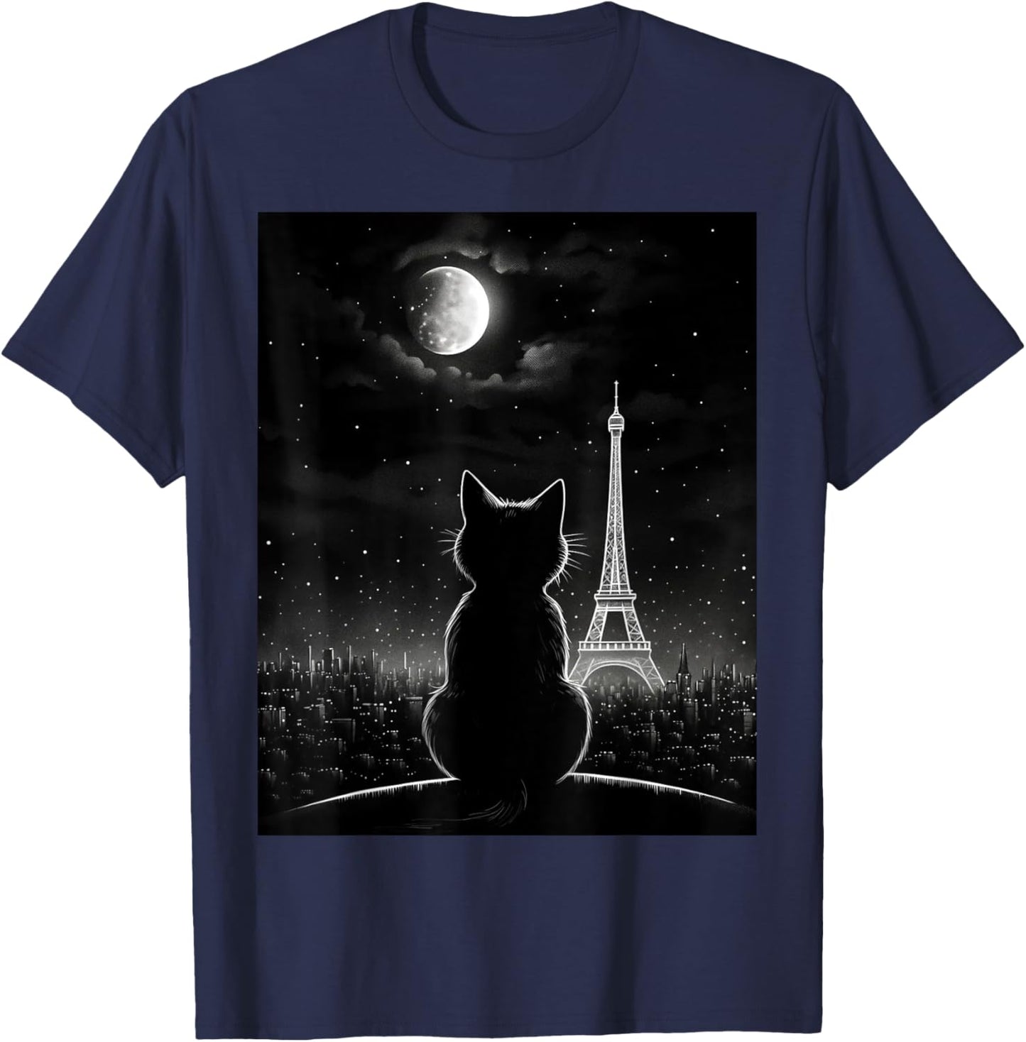 Aesthetic Black Cat Star Night Eiffel Tower In Paris T-Shirt - T-Shirt | Navy
