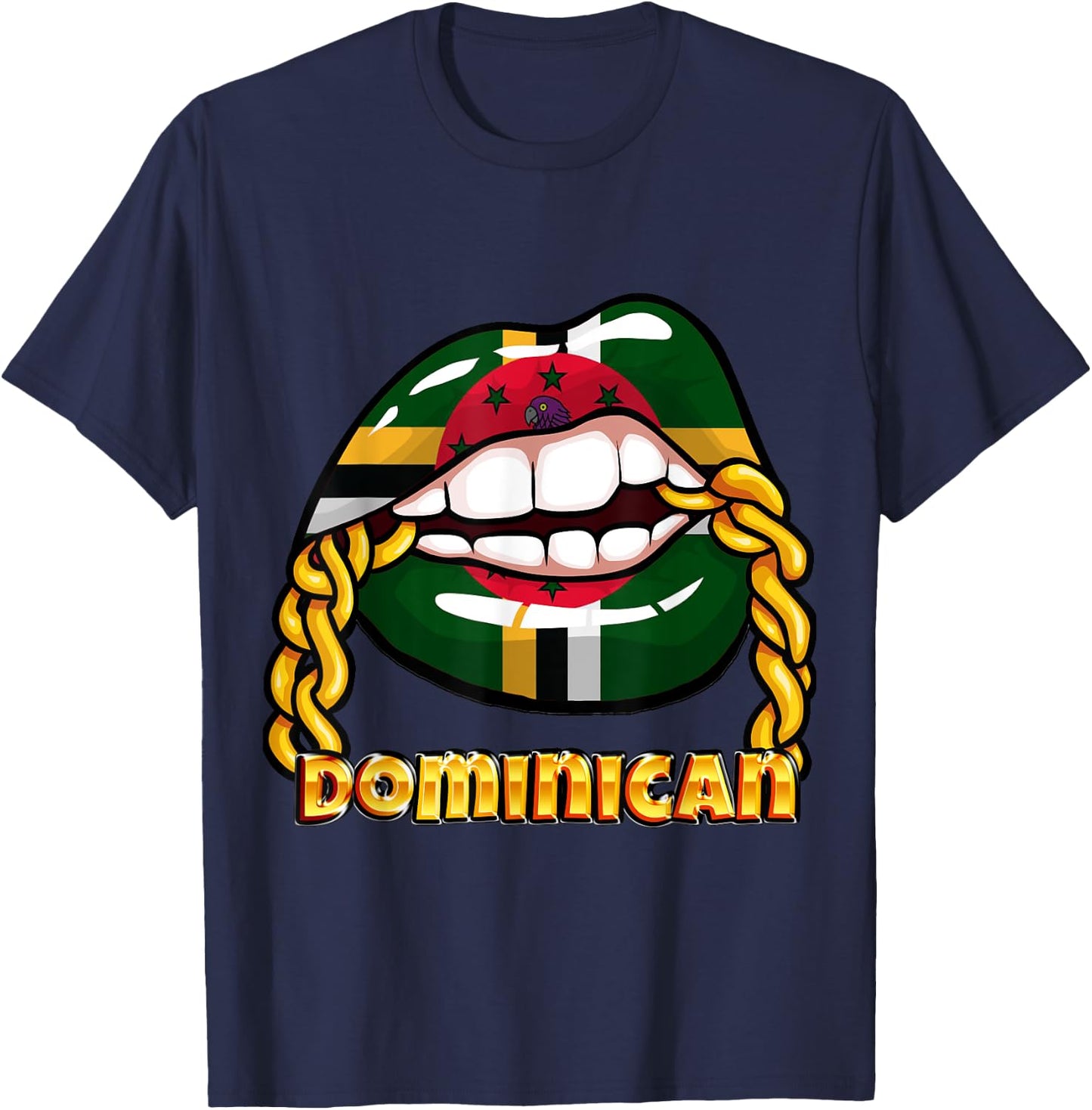 Dominica National Flag Lips with Chain T-Shirt - T-Shirt | Navy