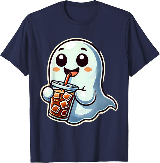 Ghost Drinking Iced Coffee Halloween T-Shirt - T-Shirt | Navy