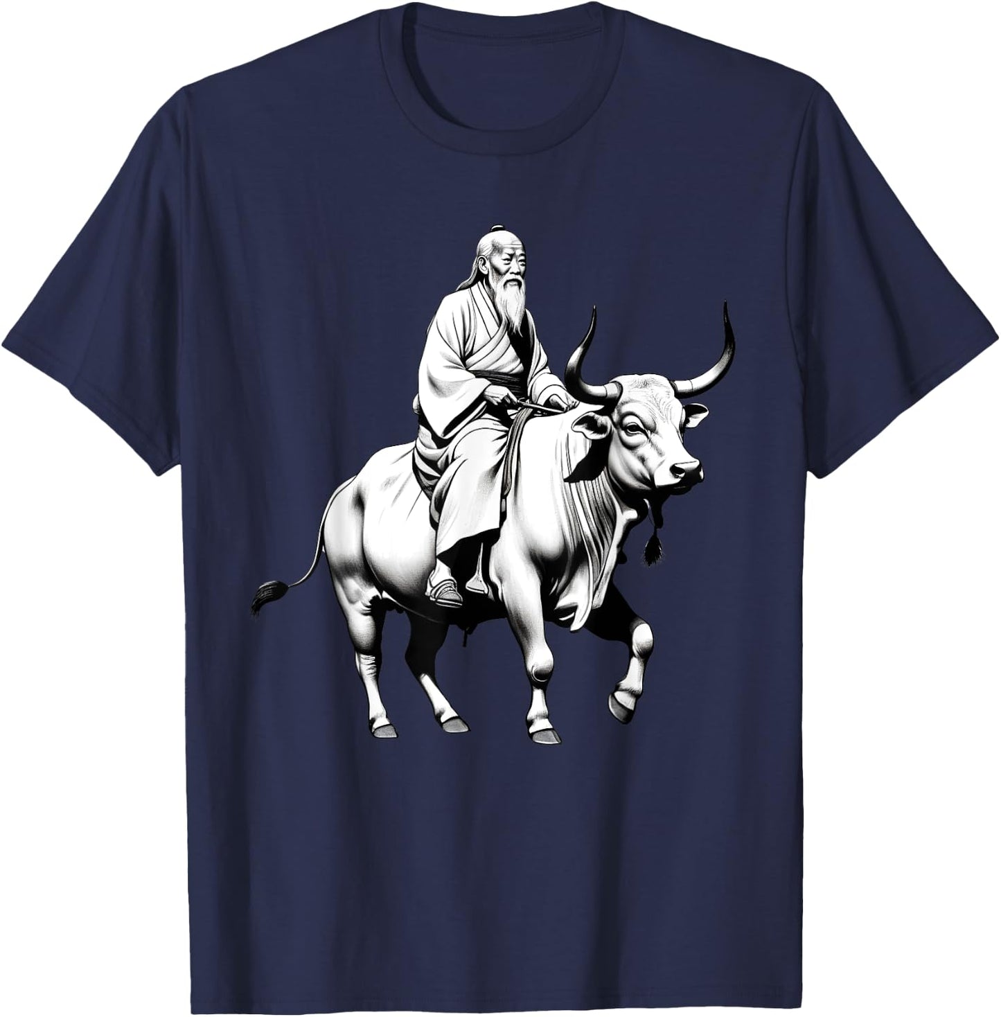 Vintage Spiritual Design Lao Tzu Riding An Ox, Tao Te Ching -Adults, -Kids Grey Short Sleeve Classic Fit Polyester T-Shirt - T-Shirt | Navy