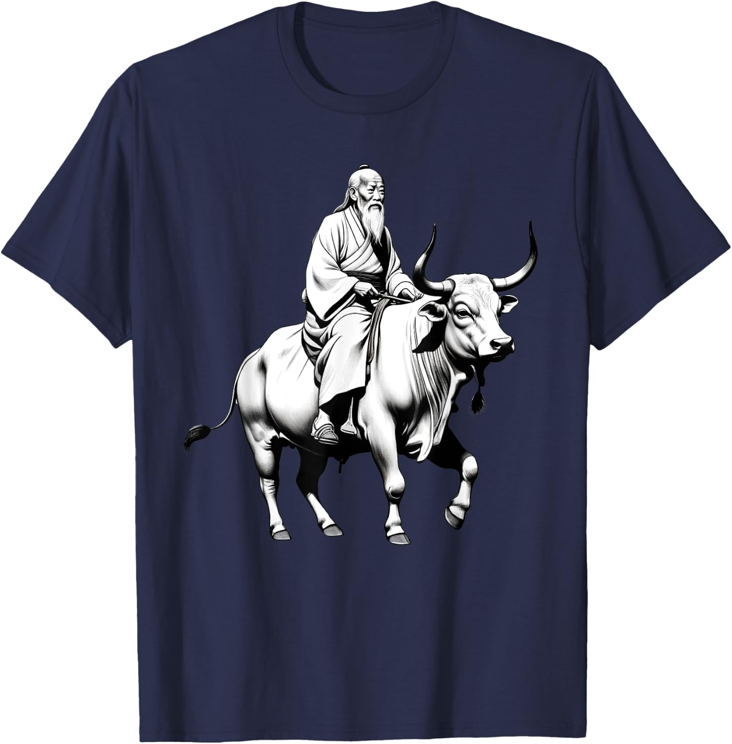 Vintage Spiritual Design Lao Tzu Riding An Ox, Tao Te Ching -Adults, -Kids Grey Short Sleeve Classic Fit Polyester T-Shirt - T-Shirt | Navy