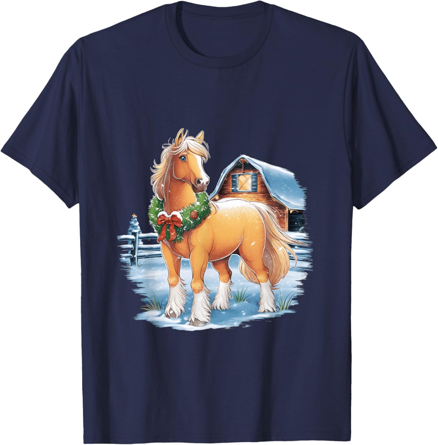 Festive Horse with Wreath in Snowy Barnyard Scene T-Shirt - T-Shirt | Navy