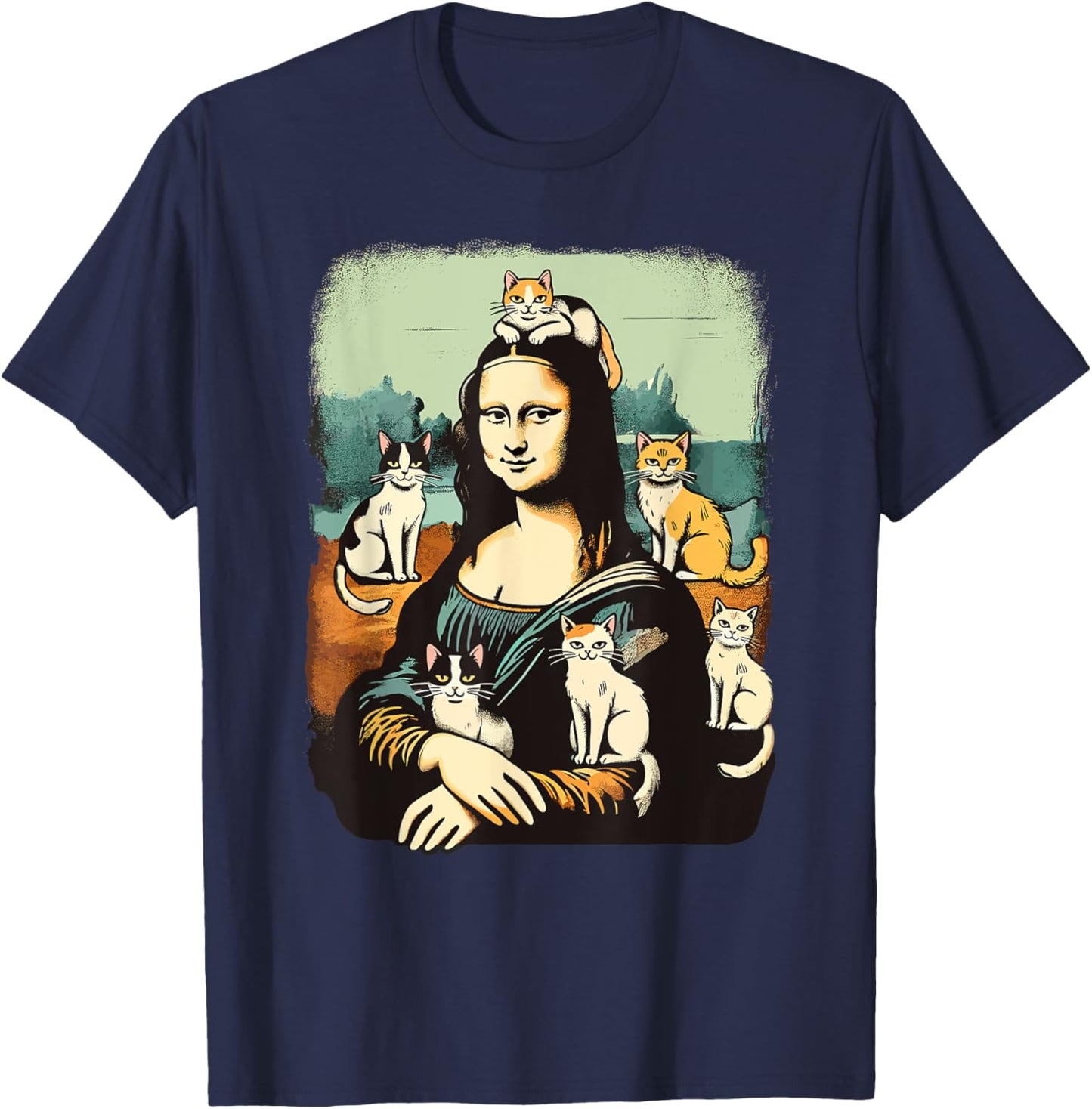 Retro Mona Lisa with Cats Novelty Men Women Kids Funny Cat T-Shirt - T-Shirt | Navy