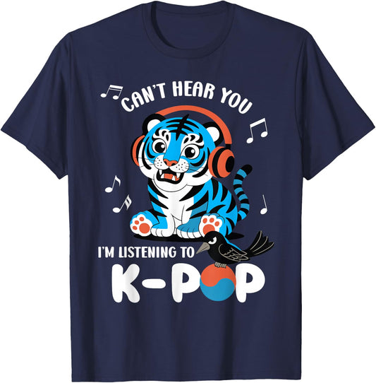 Can't Hear You I'm Listening to K-Pop Korean Folk Art Tiger T-Shirt - T-Shirt | Navy