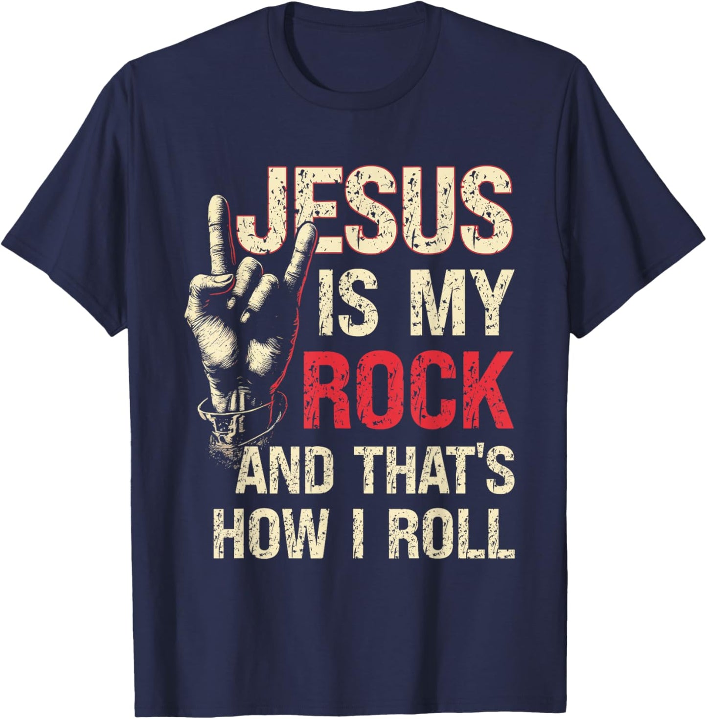 Jesus Is My Rock And That Is How I Roll Christian Guitarist T-Shirt - T-Shirt | Navy