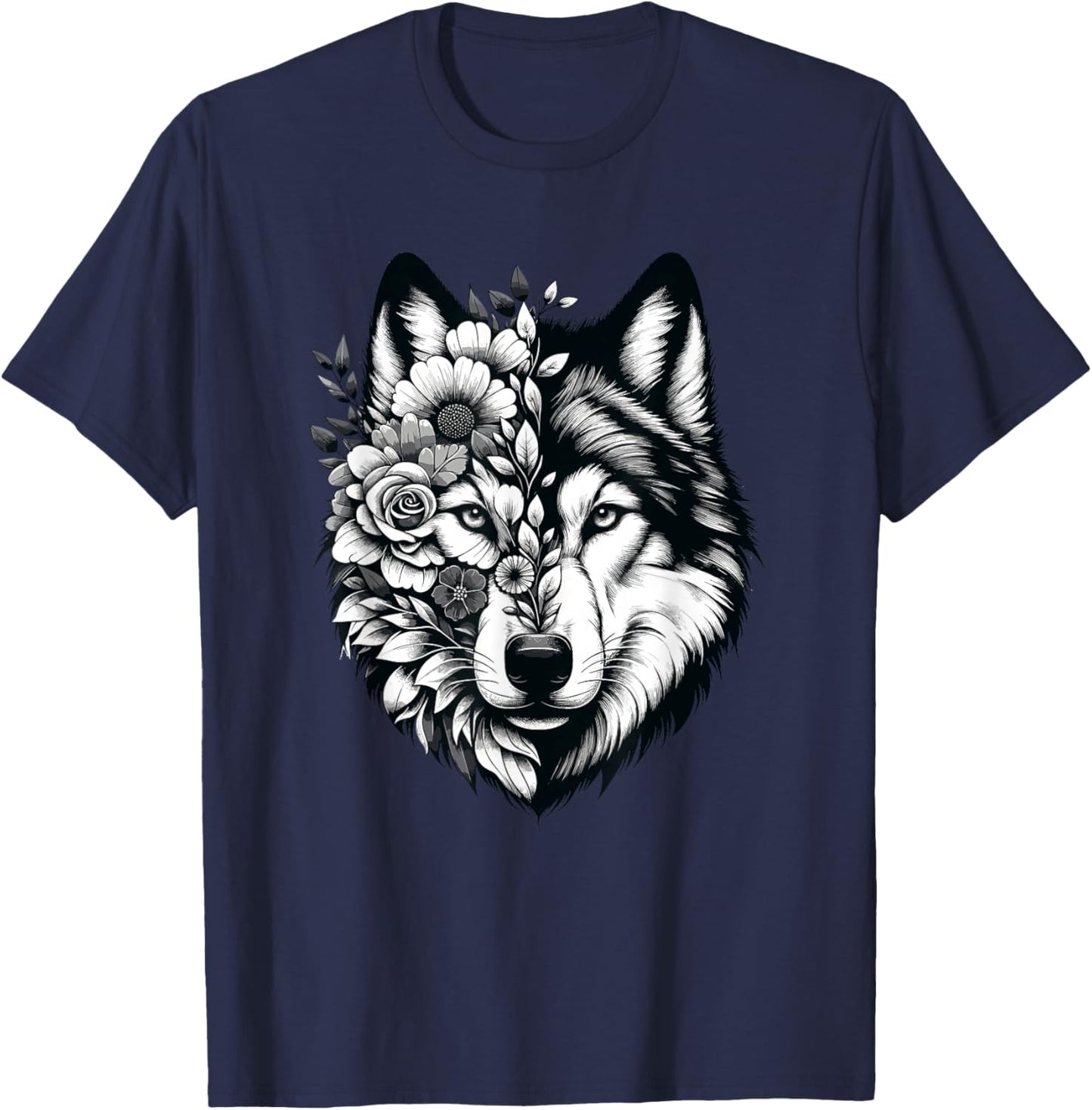 Wolf & Flowers, Wolf Graphic & Floral Wolf Face T-Shirt - T-Shirt | Navy