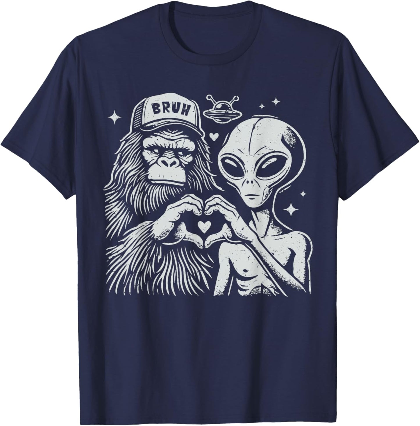 Vintage Funny Bigfoot and Alien Heart Hand Sign T-Shirt - T-Shirt | Navy