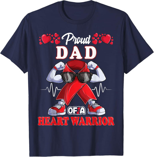 Proud Dad of a Heart Warrior CHD Awareness red ribbon T-Shirt - T-Shirt | Navy