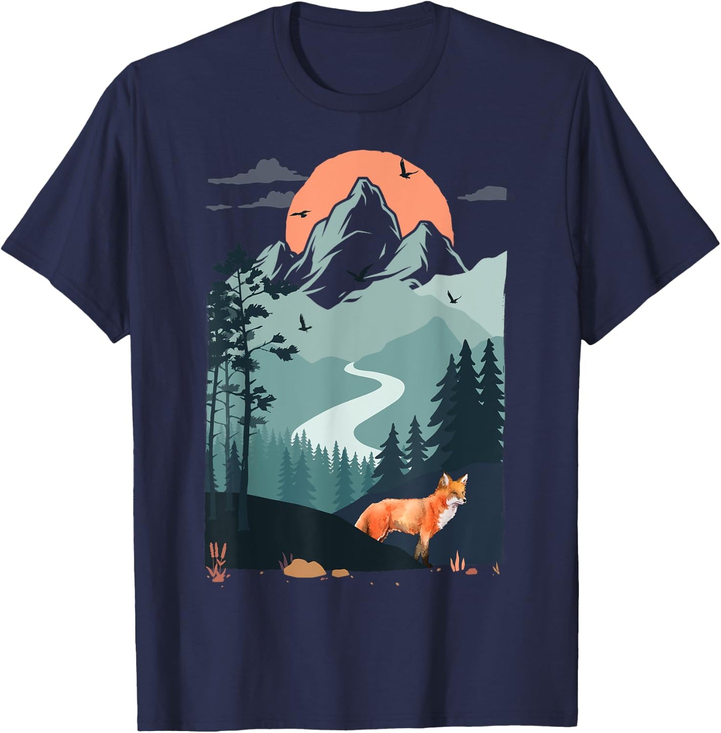 Mountain sunset Pine Tree Bird flying sky Red Standing Fox T-Shirt - T-Shirt | Navy
