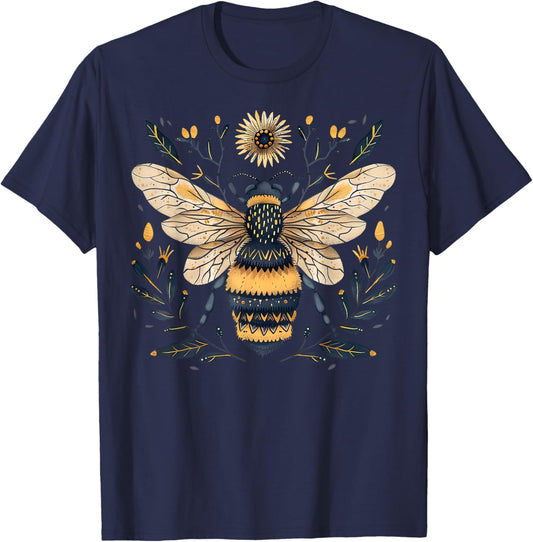 Vintage Bee Flowers Nature Beekeeper Cottagecore Forestcore T-Shirt - T-Shirt | Navy