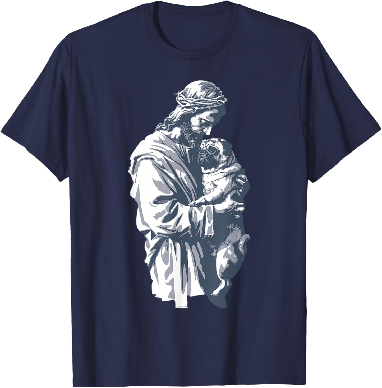 Funny Vintage Jesus Holding Cute Pug Retro 90s Christian T-Shirt - T-Shirt | Navy