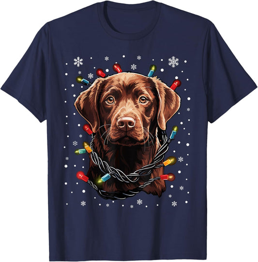 Chocolate Labrador Dog Christmas Lights Santa Hat Xmas Men Women Kids T-Shirt - T-Shirt | Navy
