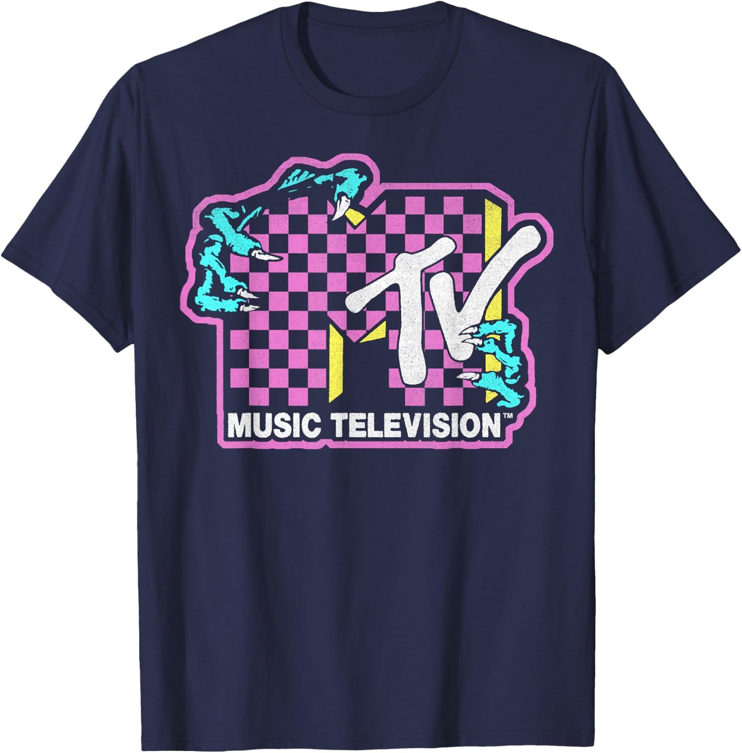 MTV Checkered Monster Hand Logo Graphic T-Shirt - T-Shirt | Navy