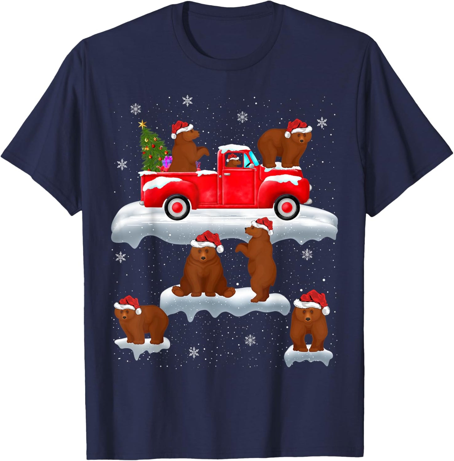 Bears Driving Christmas Tree Red Truck Bear Christmas T-Shirt - T-Shirt | Navy