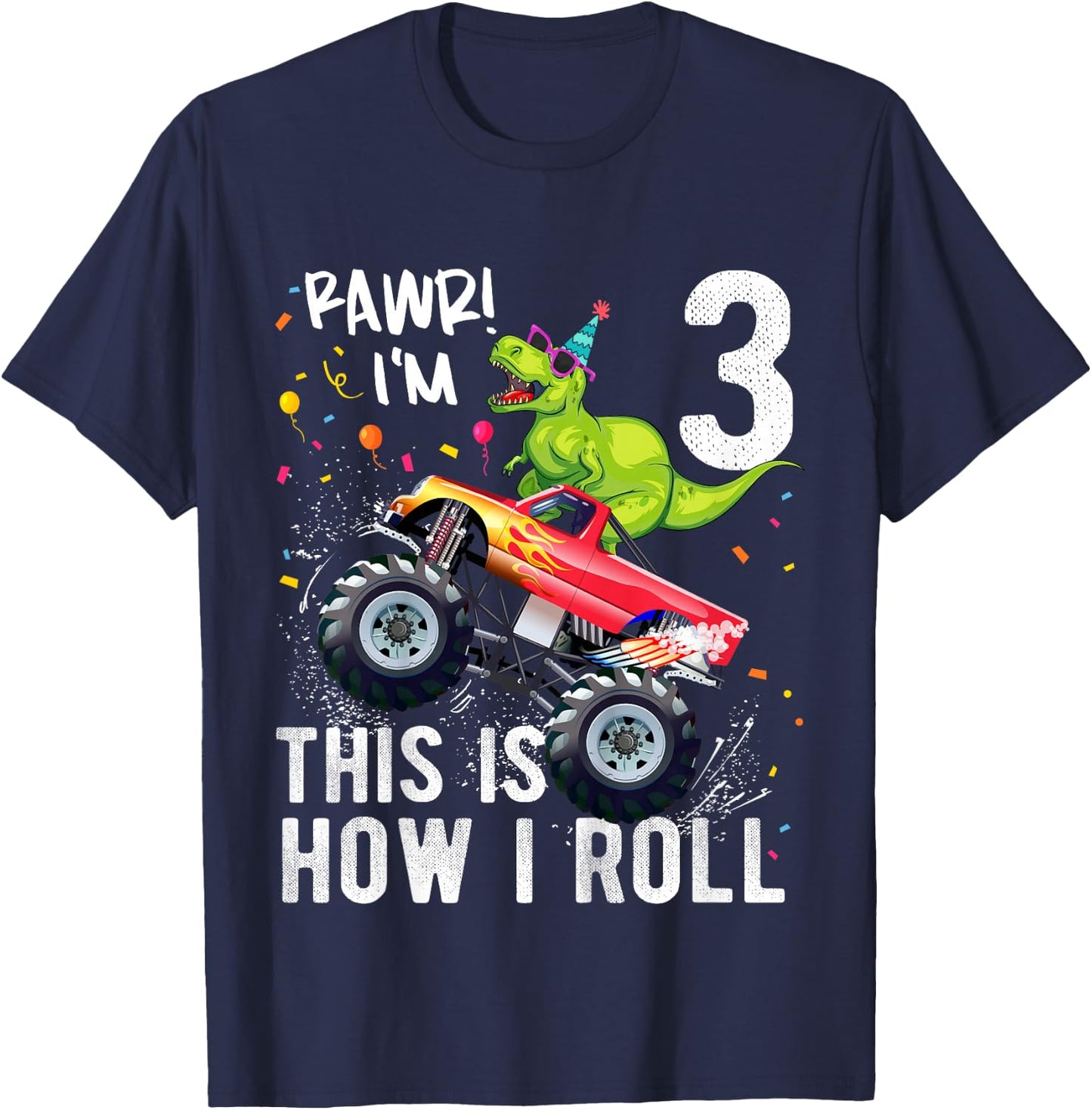 Kids T Rex Dinosaur Monster Truck 3rd Birthday Boys and Girls T-Shirt - T-Shirt | Navy