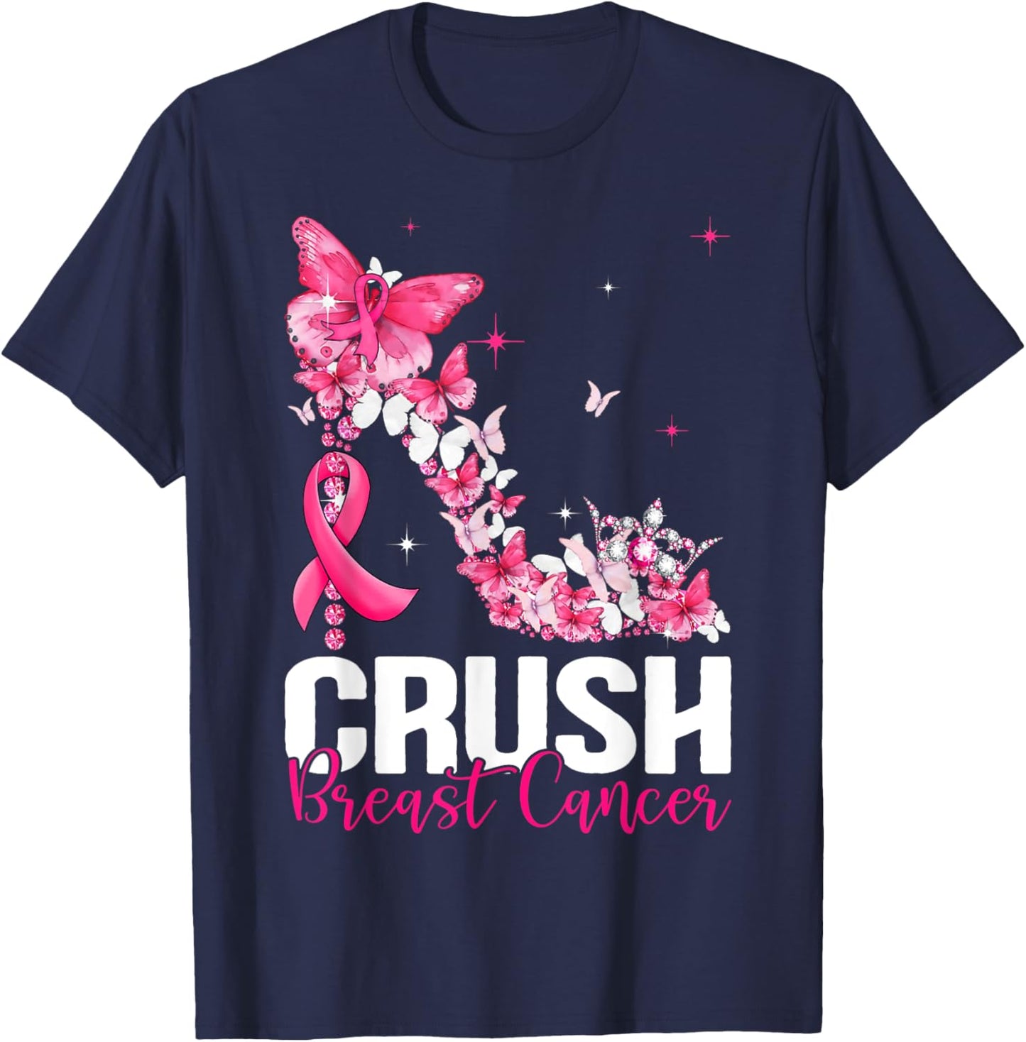 Crush Breast Cancer Awareness Bling Pink Ribbon T-Shirt - T-Shirt | Navy