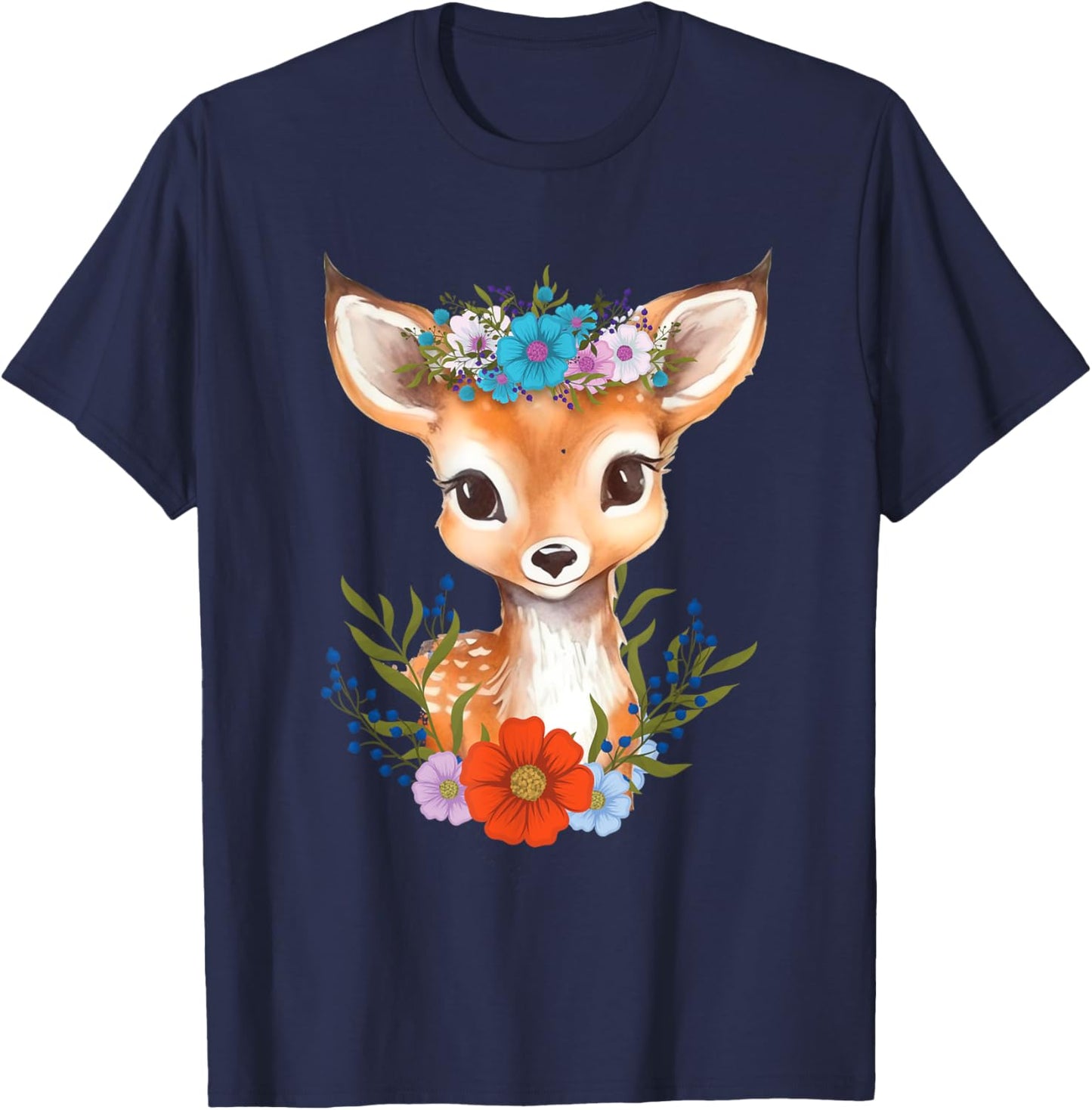 Floral Crown Baby Deer - Hunting Wildlife Forest Animal T-Shirt - T-Shirt | Navy
