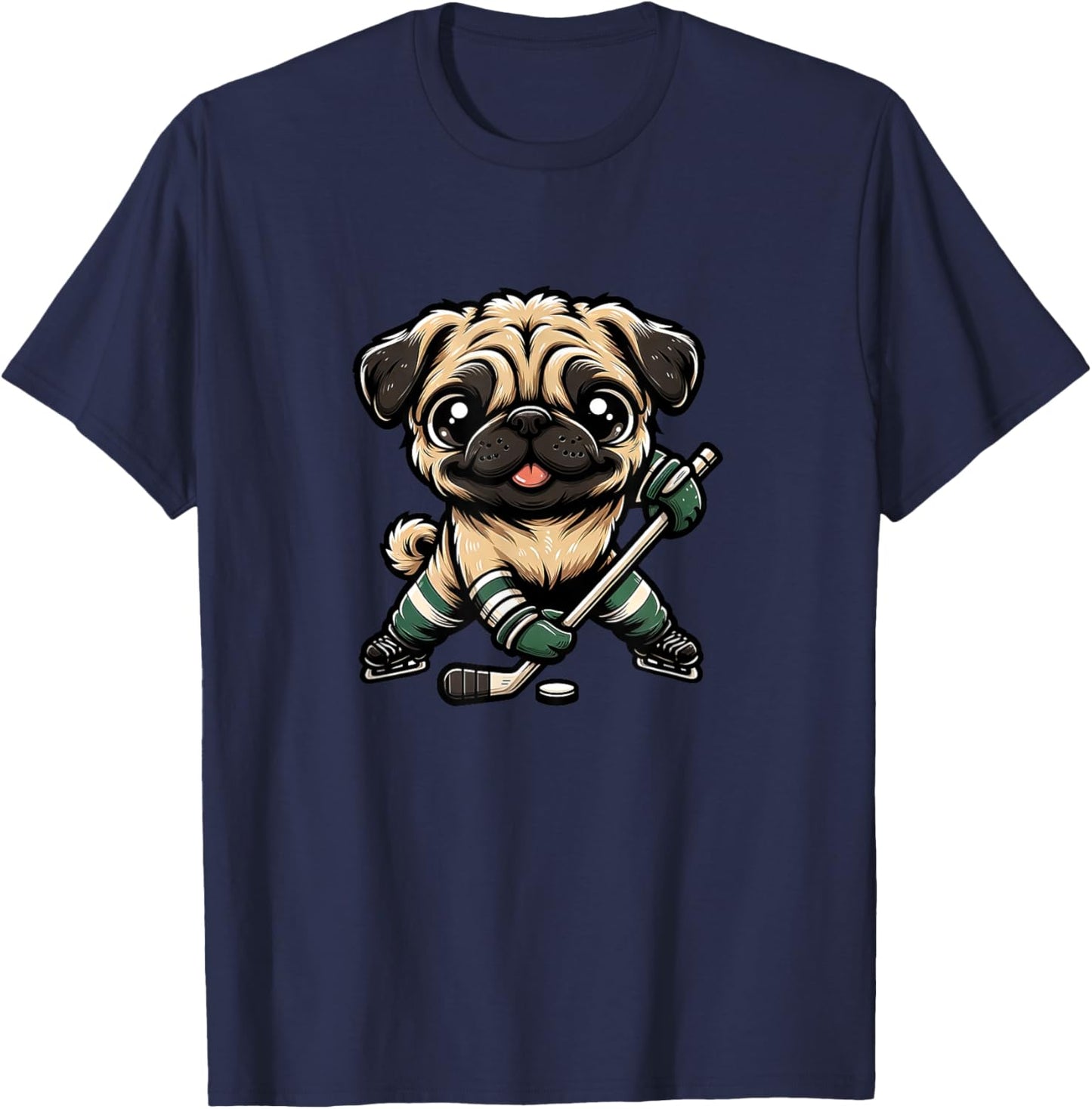 Cute Pug Playing Ice Hockey Dog Design T-Shirt - T-Shirt | Navy