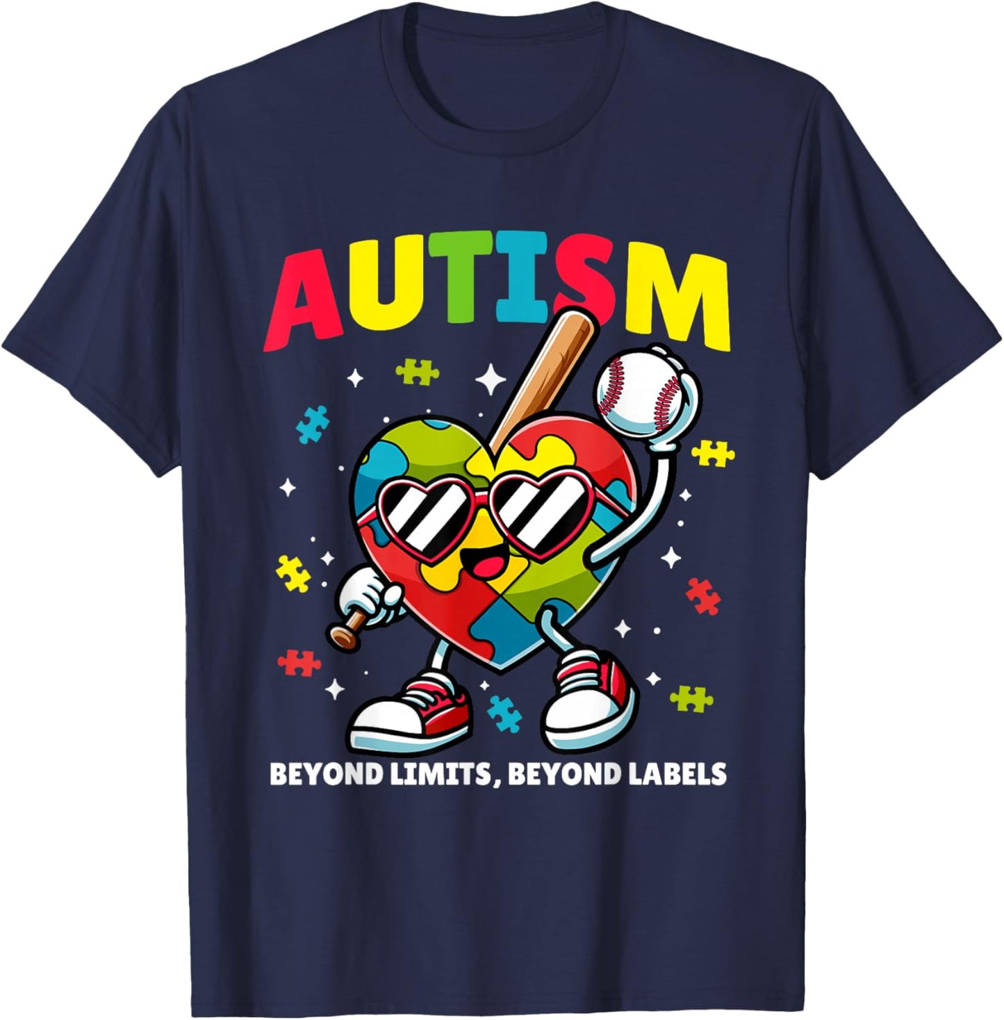 Autism Baseball Heart | Puzzle Awareness Design for Kids T-Shirt - T-Shirt | Navy