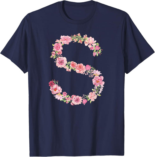 Cool Initial Alphabet Monogram Flowers Gifts Floral Letter S T-Shirt - T-Shirt | Navy