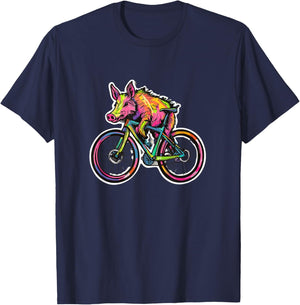 Rainbow Cyclist - Funny Pig Boar Riding Bike , Black, S T-Shirt - T-Shirt | Navy