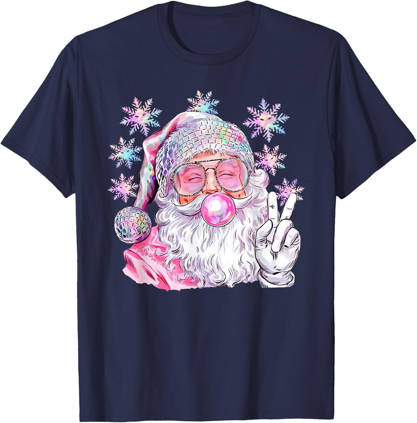 Vintage Retro Santa Christmas Pink Sunglasses Bubble Gum T-Shirt - T-Shirt | Navy