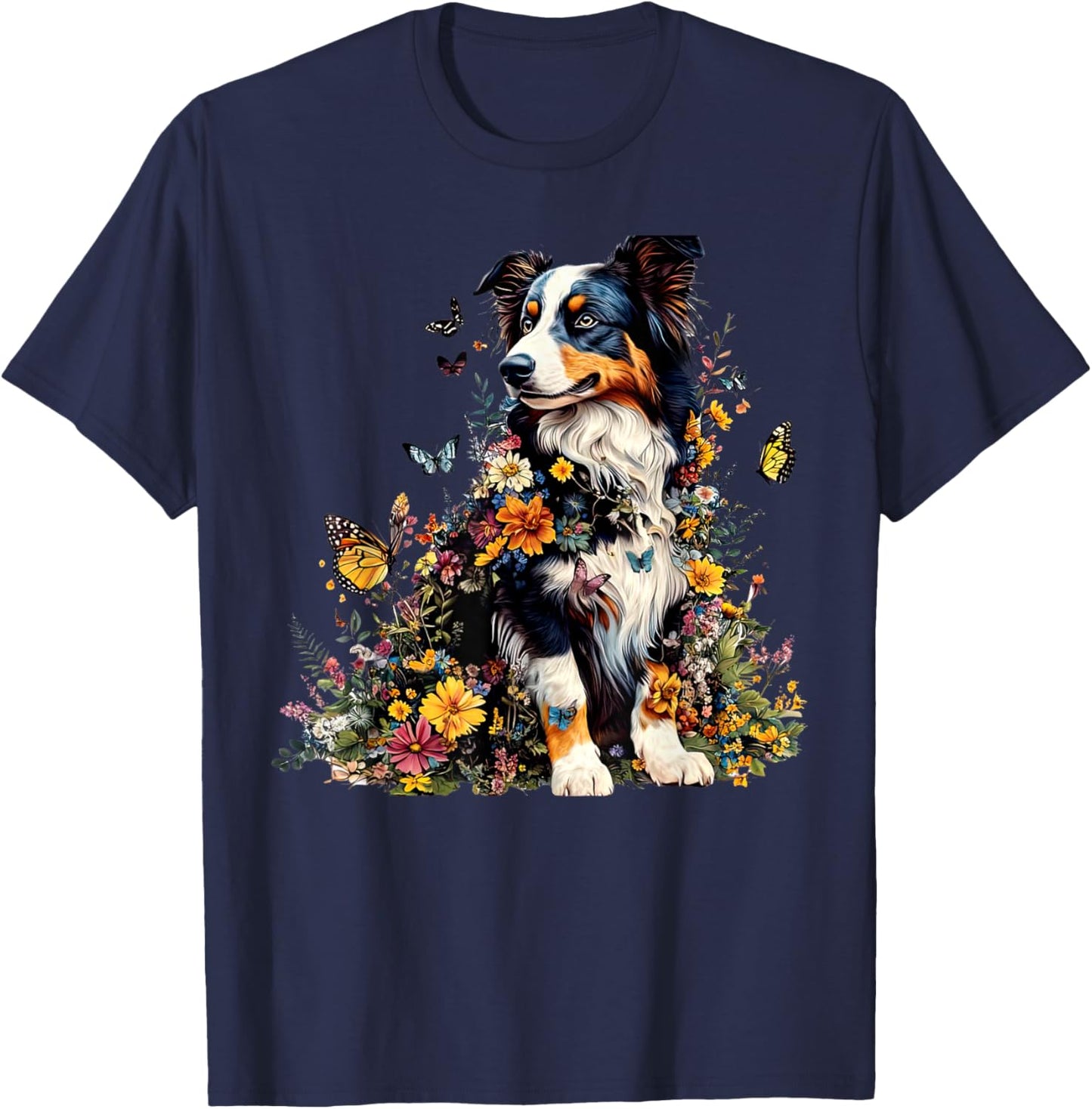 Australian Shepherd Floral Butterfly Nature Garden Dog Lover T-Shirt - T-Shirt | Navy