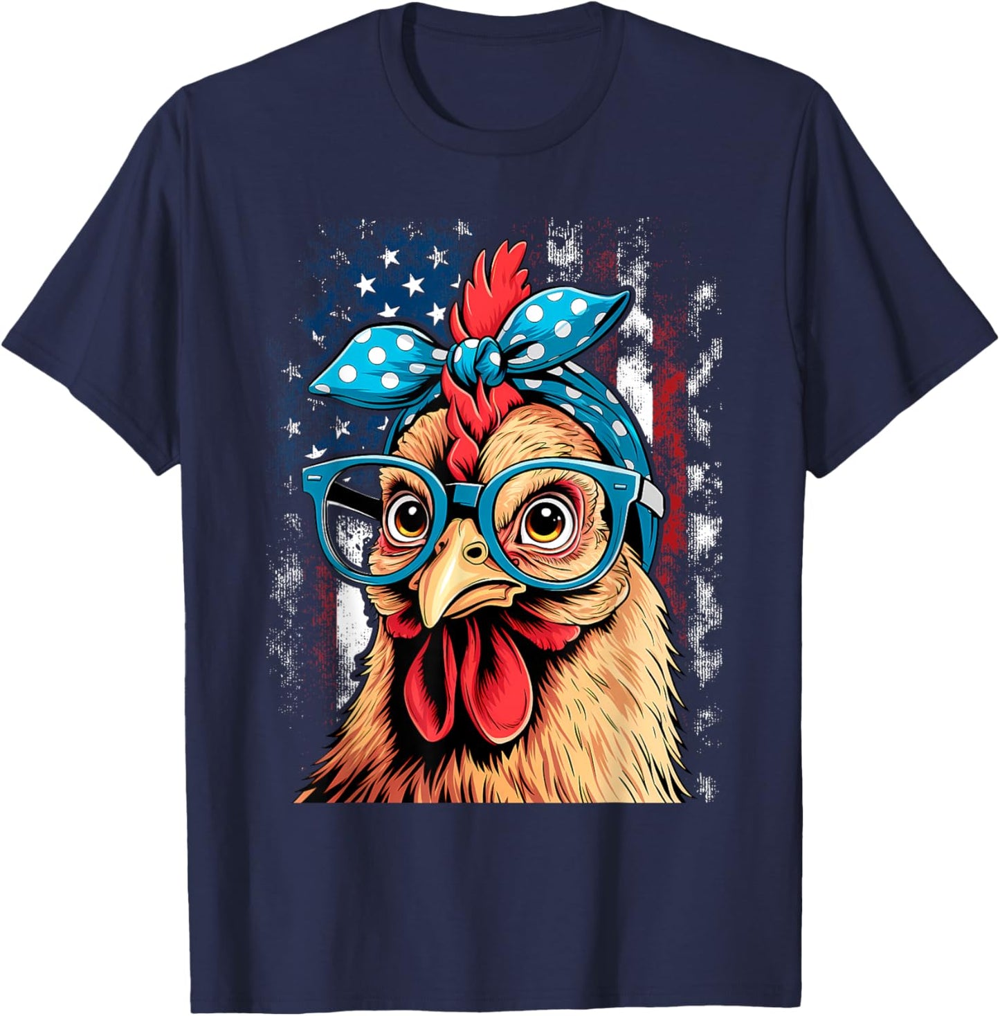 Cute Women Girl Chicken with Bandana Headband and Glasses T-Shirt - T-Shirt | Navy