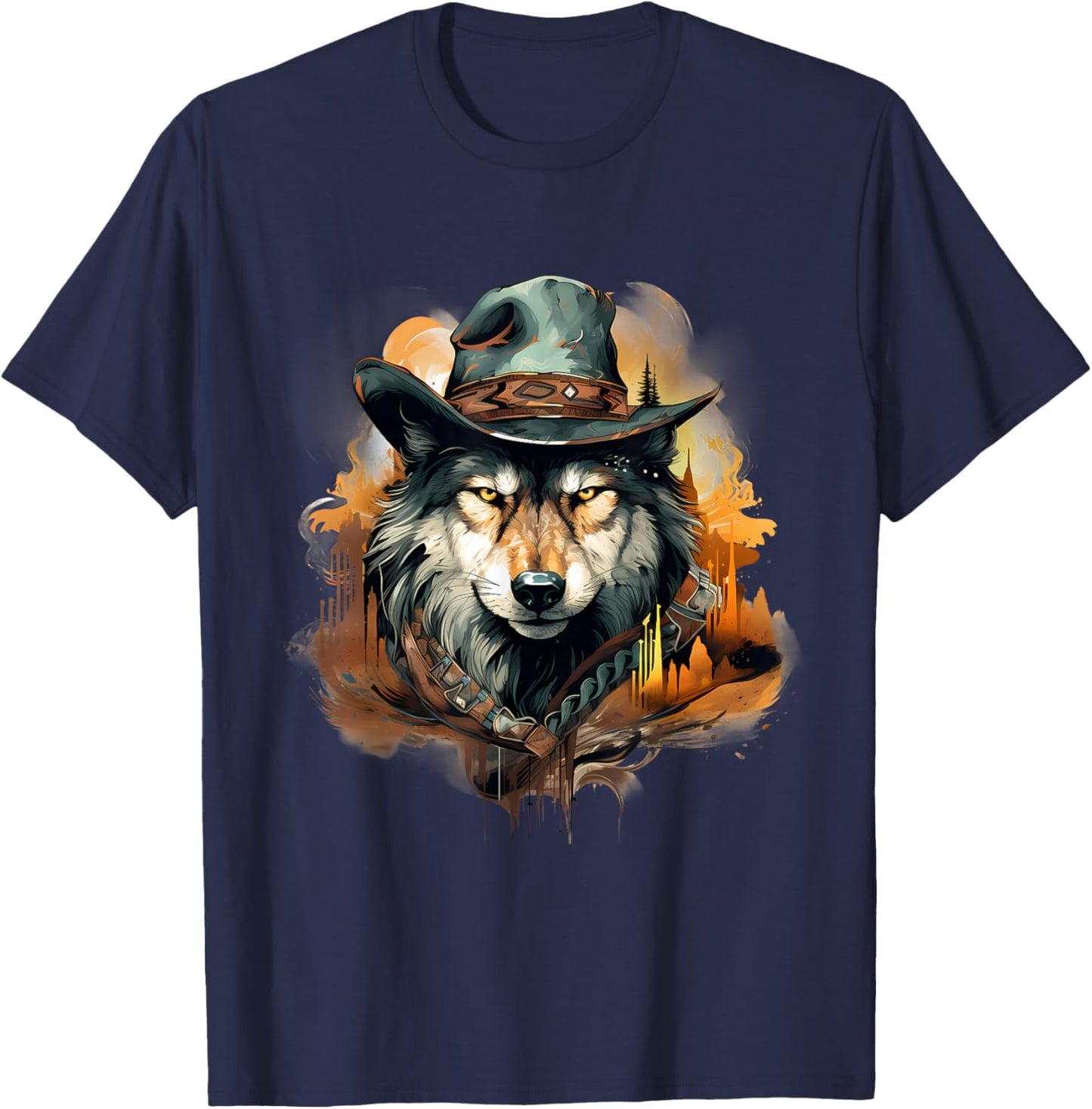 Wolf Animal Art Cowboy Colourful Artwork Animal Lovers T-Shirt - T-Shirt | Navy