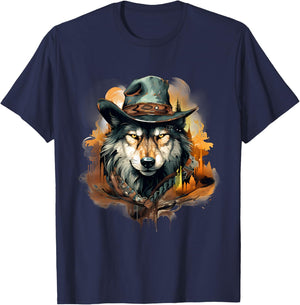 Wolf Animal Art Cowboy Colourful Artwork Animal Lovers T-Shirt - T-Shirt | Navy