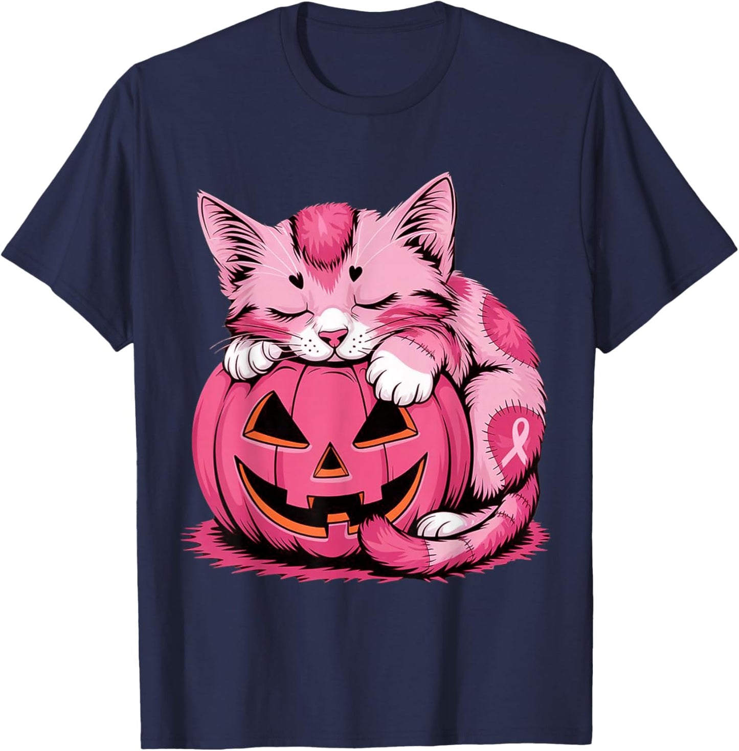 Cute Pink Cat Hugging Pumpkin Breast Cancer Awareness Kitten T-Shirt - T-Shirt | Navy