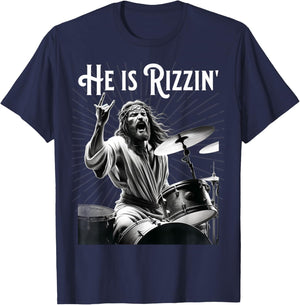 Funny Rizz He is Rizzin Jesus Drumming T-Shirt - T-Shirt | Navy