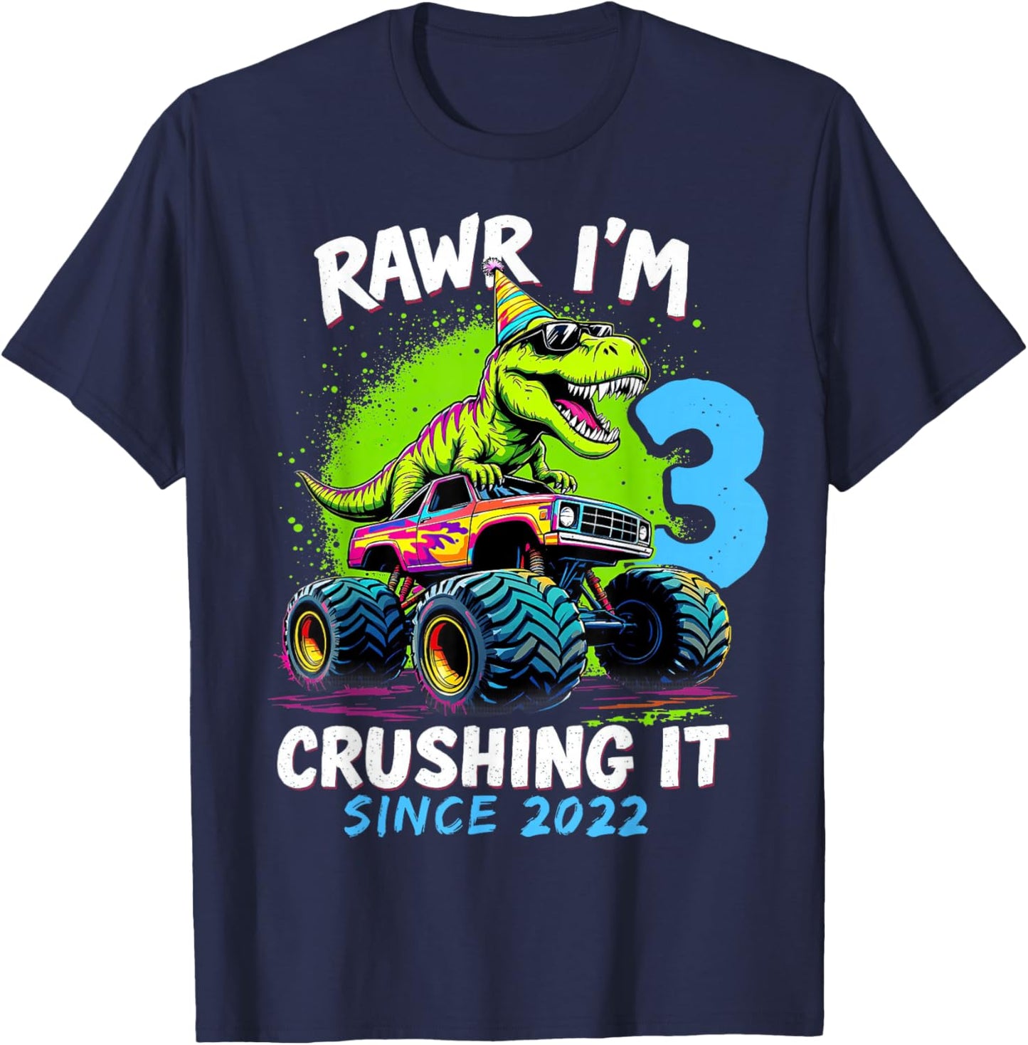 3rd Birthday Monster Truck Dinosaur Party Boys Rawr I'm 3 T-Shirt - T-Shirt | Navy