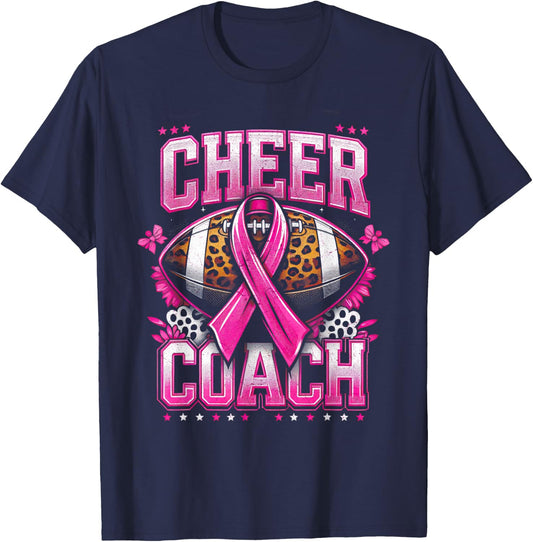 Football Cheer Coach Pink Ribbon Breast Cancer Awareness T-Shirt - T-Shirt | Navy