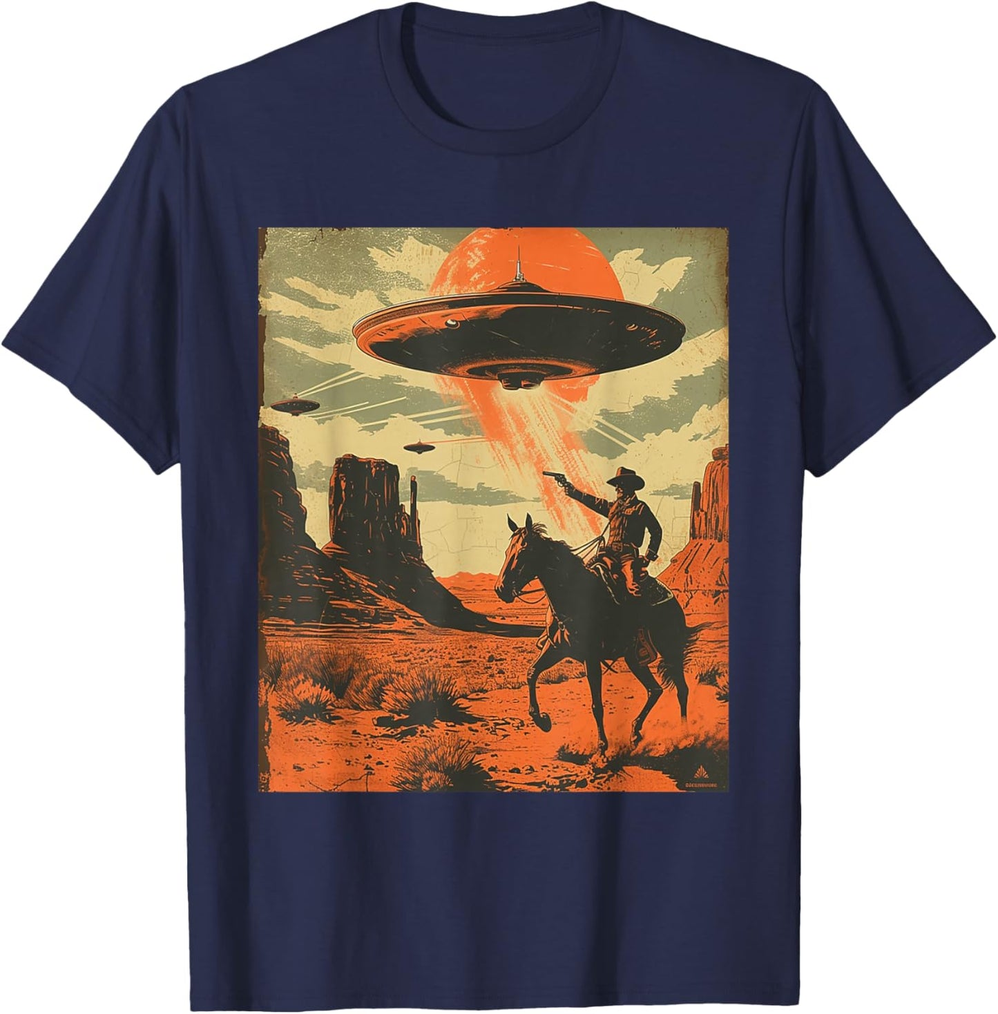 Retro Desert Cowboy Riding Horse Shooting At Space UFO Art T-Shirt - T-Shirt | Navy
