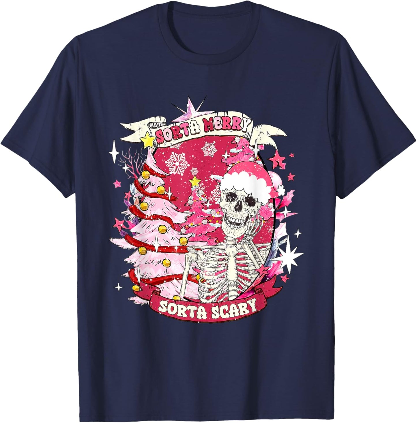 Christmas Sorta Merry Sorta Scary Skeleton Pink Xmas Tree T-Shirt - T-Shirt | Navy
