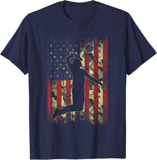 Camo US Flag Volleyball Vintage Patriotic Men Women Kids T-Shirt - T-Shirt | Navy