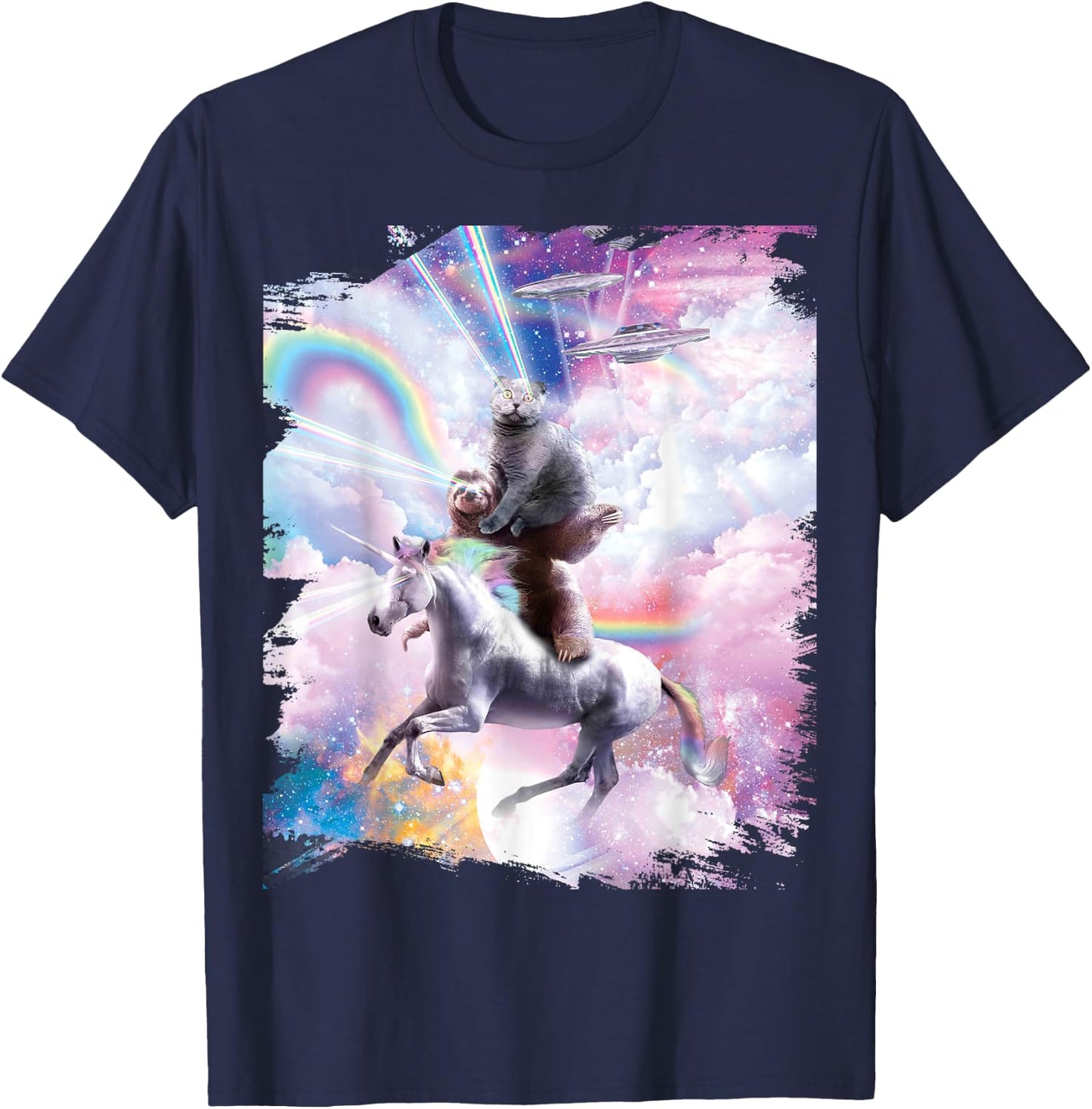 Laser Eyes Space Cat on Sloth Unicorn - Rainbow T-Shirt - T-Shirt | Navy