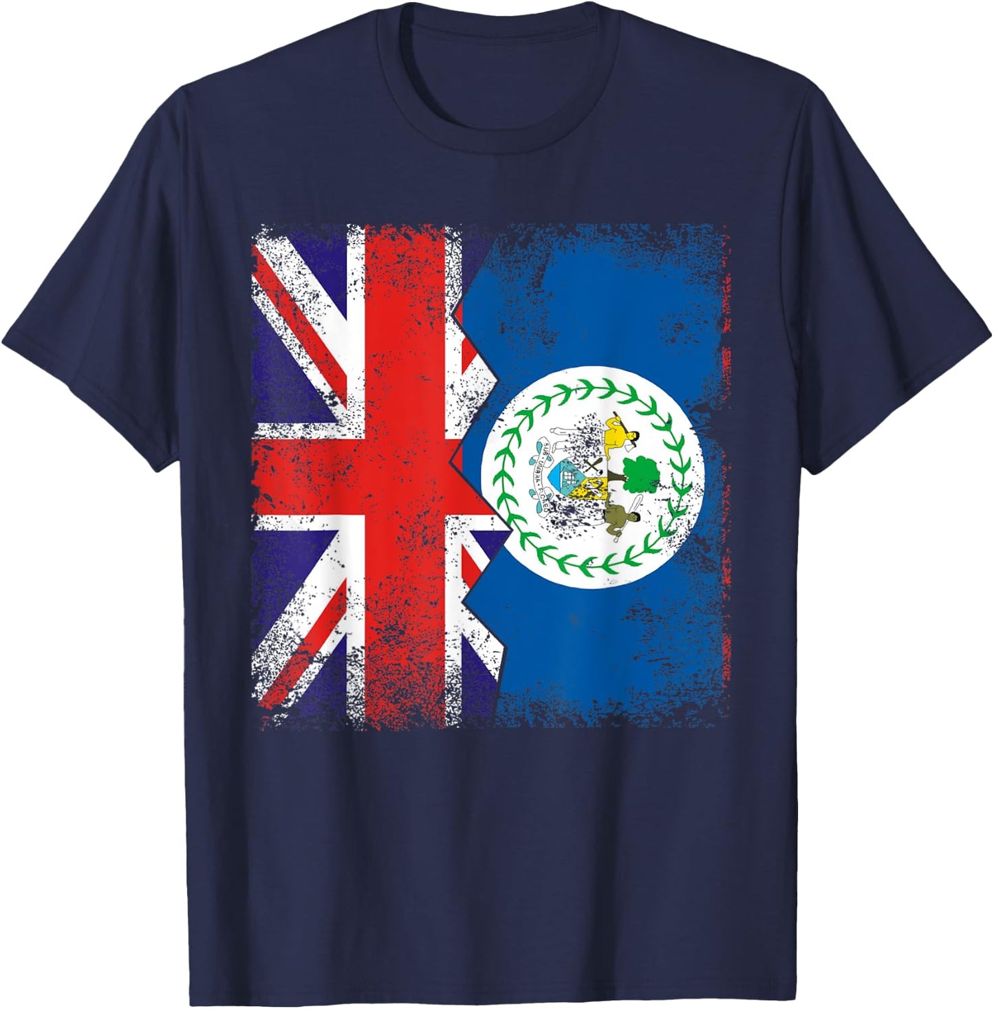 Belizean Roots | Half British Flags | UK Belize Vintage T-Shirt - T-Shirt | Navy