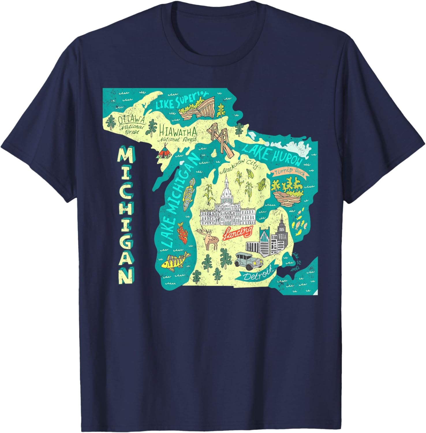 Great Lakes State Map Michigan Vacations Camping Hiking T-Shirt - T-Shirt | Navy